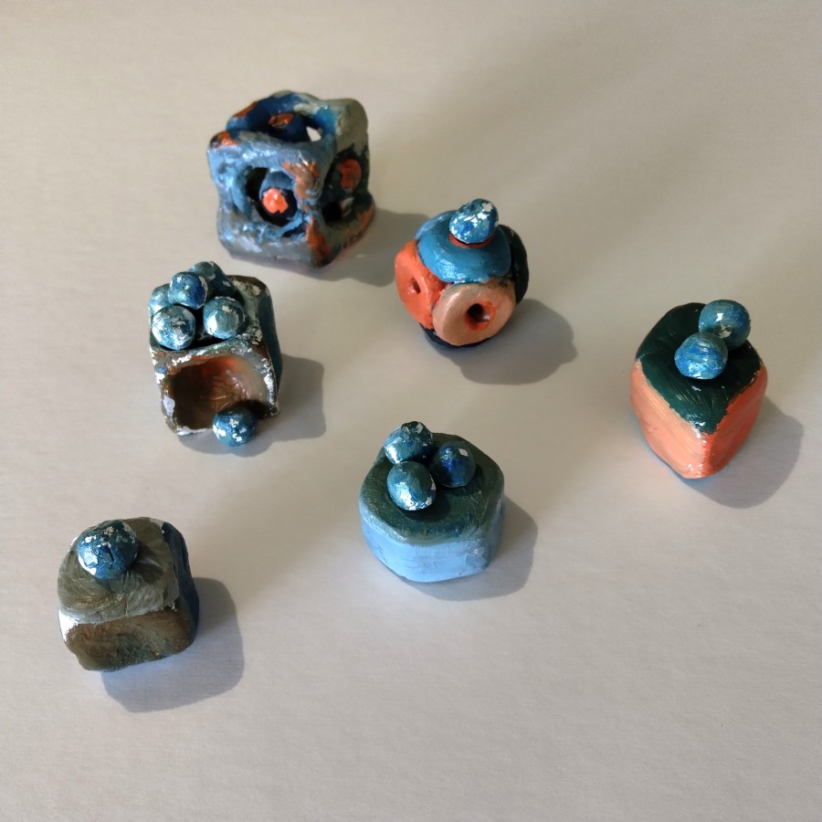 >Geometric Creatures — self drying clay and acrylic paint
